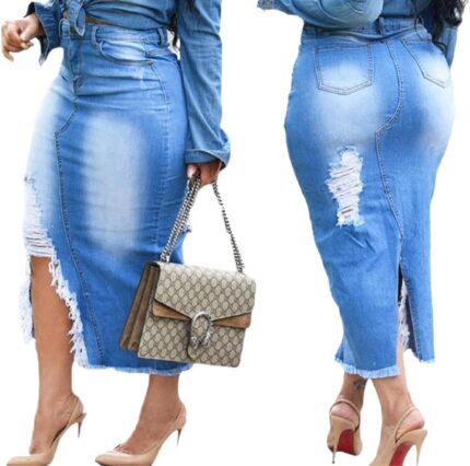 Women's Casual High Waist Stretch Denim Midi Jean Skirt with Slit Frayed Hem Blue Jean Skirt with Pockets