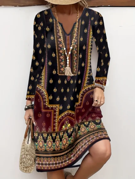 Bohemian Print V-Neck Long Sleeve Dress
