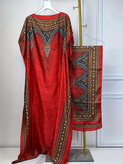 Elegant Red Kaftan Dress with Matching Scarf