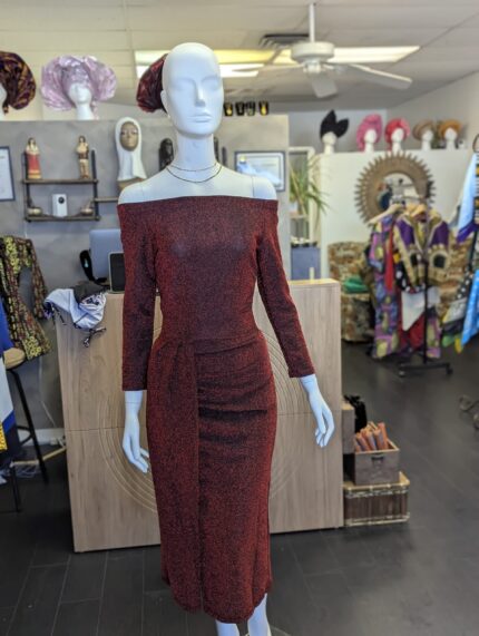 Shine Bright: Elegant Off-the-Shoulder Midi Dress with Draping